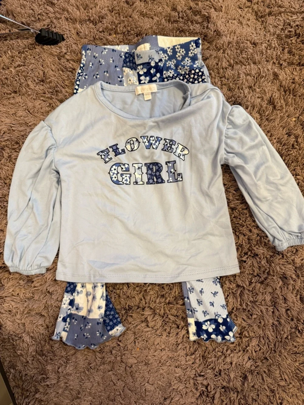 btween Light Blue "Flower Girl" Pajama Set with Navy Floral Pants - Picture 1 of 7